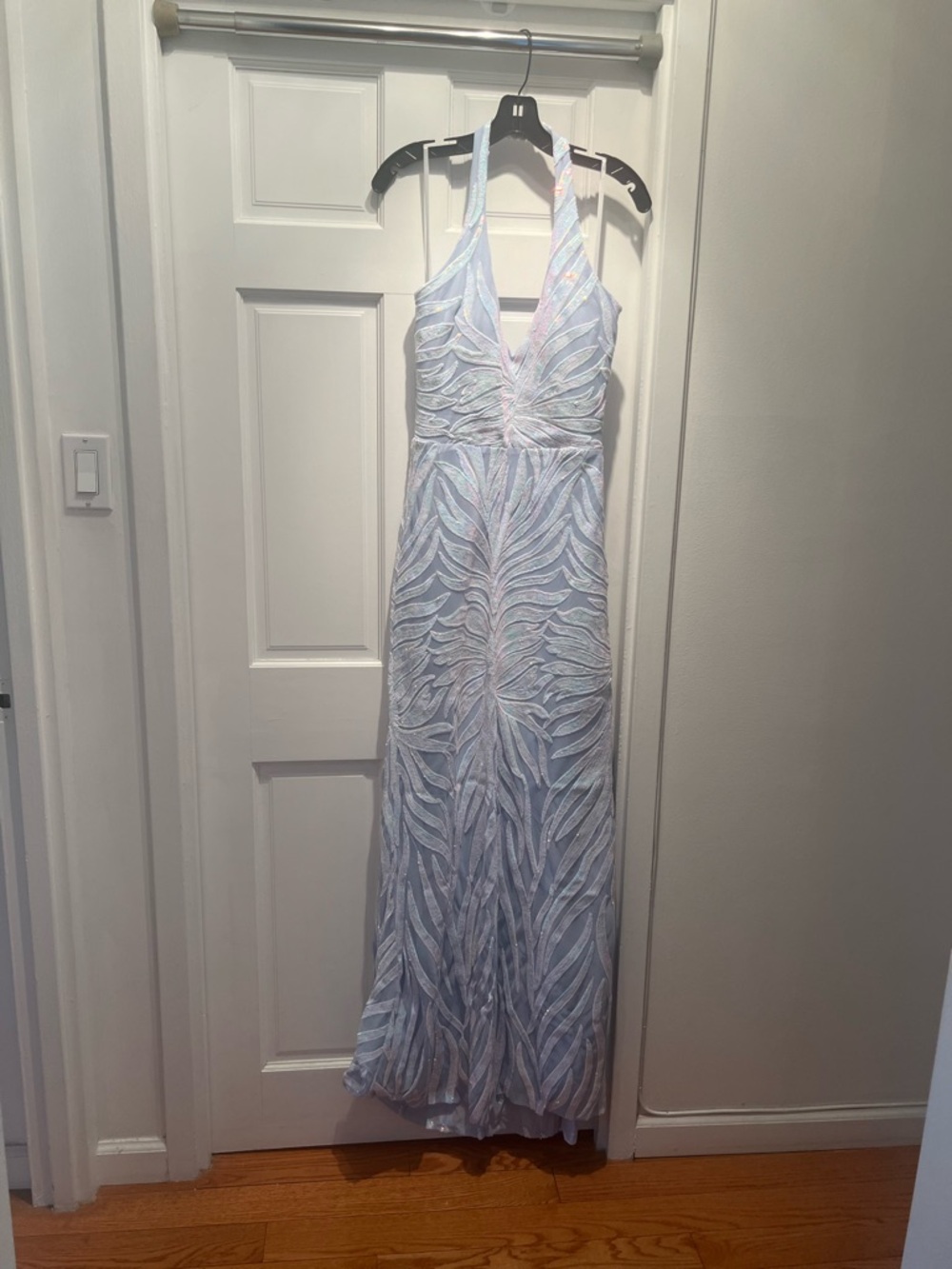 Windsor Pastel Blue and White Backless Halter Gown